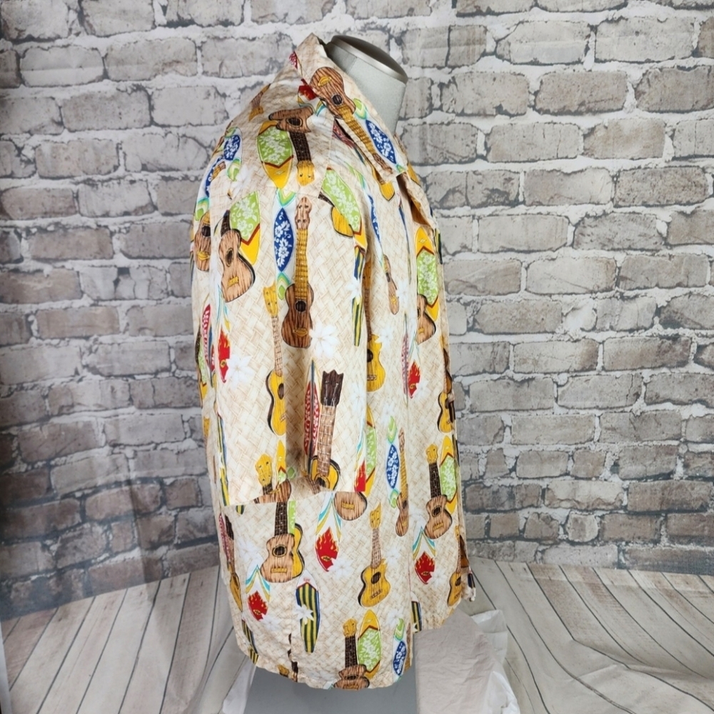 Vintage Hawaiian Camp Shirt Button Front Ukulele Surfboard Cream Size XXL - Picture 9 of 12